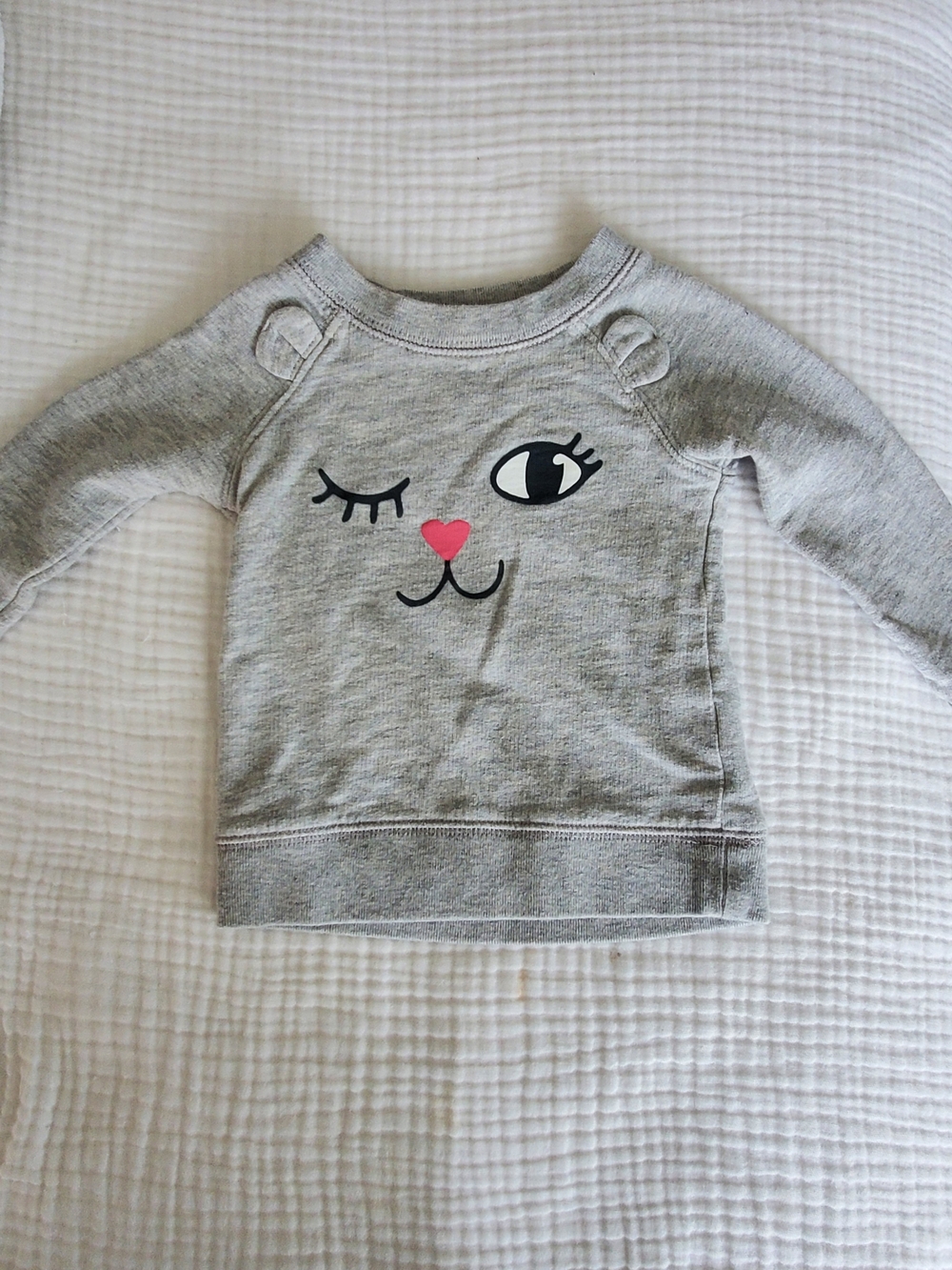 Carter's Grey Sweatshirt with Winking Cat Face and Pink Nose